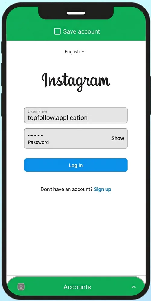AI-generated illustration of Instagram's login page opened inside Top Follow, with a Save account option at the top