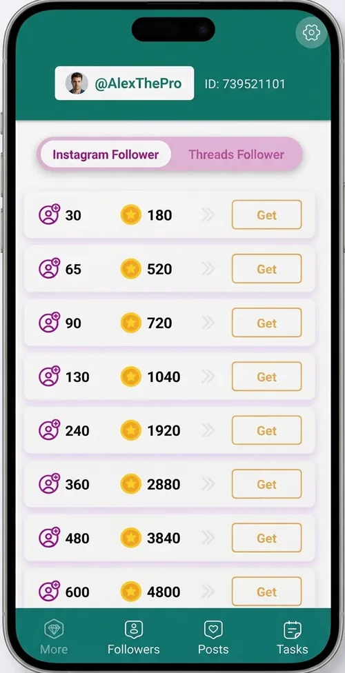 AI-generated illustration of the Top Follow followers order screen: a list of follower packages, each with a coin price and a Get button