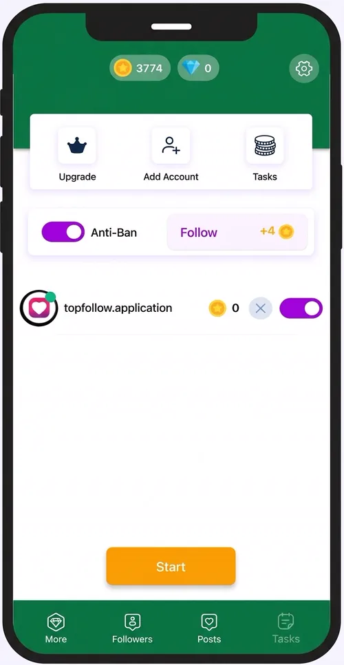 AI-generated illustration of the Top Follow Tasks screen: coin balance, an anti-block switch, the task account list and a Start button
